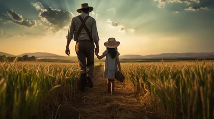 Fotobehang Father and daughter walking hand in hand in a barley field © EmmaStock