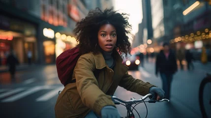 Deurstickers Black young content creator woman cycling in the city © EmmaStock