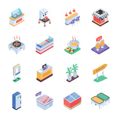 Bundle of Restaurant Elements Isometric Icons
