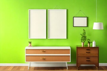 mockup poster blank frame hanging on a neon green wall, above a retro chest of drawers, 1970s Vintage-style bedroom decor