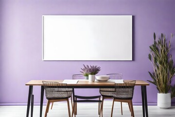 mockup poster blank frame hanging on a lavender wall, above a modern dining table, Scandinavian Mid-Century interior design