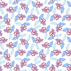 Hand drawn seamless christmas pattern with different blue violet burgundy colored holly mistletoe leaves with berries.New year Xmas party background