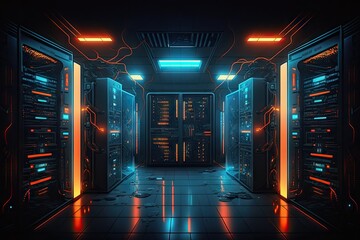 Dark server room interior with bright glowing lights