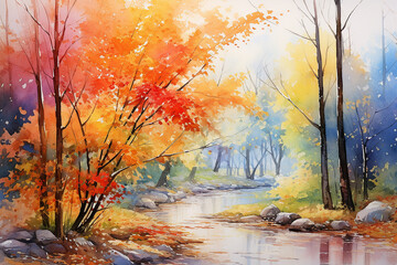 Watercolor painting of maple forest in autumn season, Generative AI