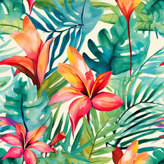 Fototapeta na wymiar Tropical leaves and flowers repeat seamless pattern background in watercolor and acrylic style