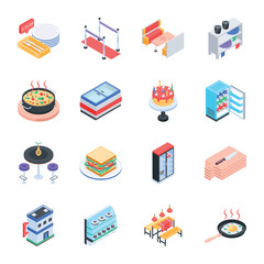 Bundle of Restaurant and Bakery Isometric Icons
