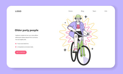 Mature character riding a bicycle web banner or landing page.