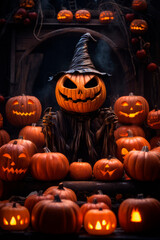 Halloween, orange pumpkins with tails with cut out glowing eyes and mouths in the house of a big monster pumpkin in a big black hat