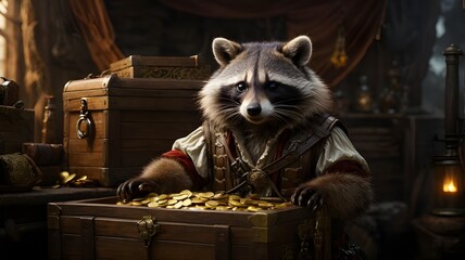 raccoon with pirate custom with gold box. Ai generated image