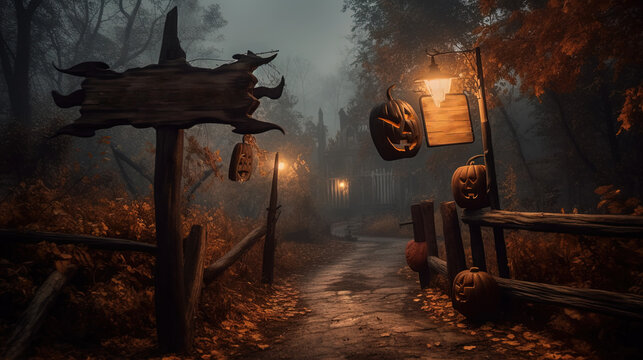 Signboard at the enty of dark fairytale village in Halloween style.