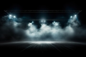 Empty stage with spotlights and smoke.  Stage Background,  ai generative