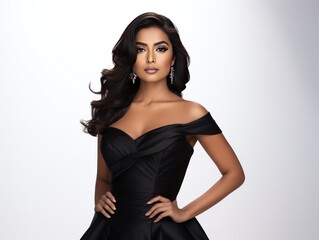 Fototapeta premium An elegant Indian beauty influencer in a sleek and stylish black evening gown, embodying sophistication and allure in a luxury lifestyle commercial