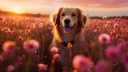 a horizontal format of a Dog/Golden retriever at sunset in a field of flowers in a Pet-themed, photorealistic illustration in JPG.  Generative ai