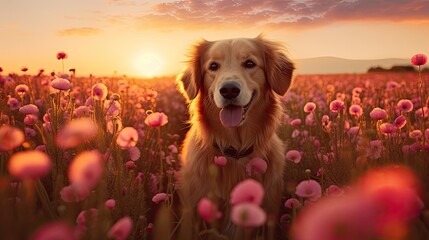 a horizontal format of a Dog/Golden retriever at sunset in a field of flowers in a Pet-themed, photorealistic illustration in JPG.  Generative ai