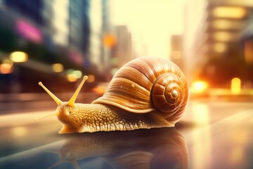 Running snail  run very fast on street Speed conceptual image.