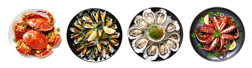 set of plates with seafood cuisine dish, crab, mussels, oysters and octopus Isolated cutout on transparent background
