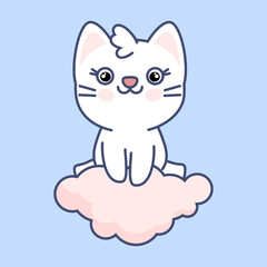 Cute kawaii white cat sitting on a pink cloud