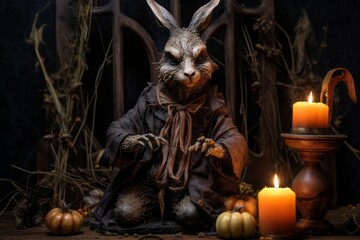 Halloween, scary hare in old clothes in a dark room with cobwebs and dry branches illuminated by a set of candles, orange pumpkins and candles with fire - obrazy, fototapety, plakaty
