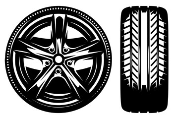 Car wheel, front and side views. Metal disk and rubber tire. Set of vector monochrome illustrations