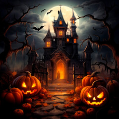 Halloween, an ominous castle in among large trees, a huge white moon illuminates the castle, bats, lights in the windows, pumpkins, tree branches, horror.