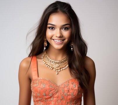 Indian teen in coral lehenga exudes confidence and charm with graceful posture and smile