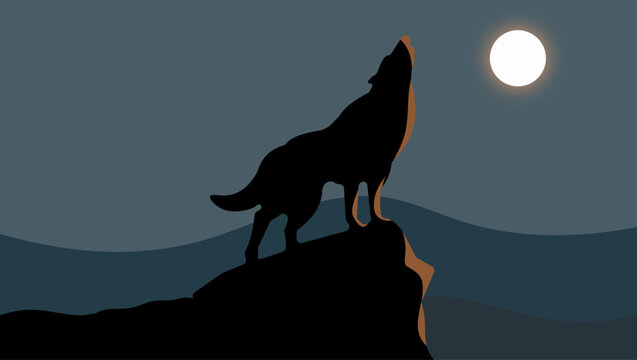 wolf howls at the full moon, flat illustration 