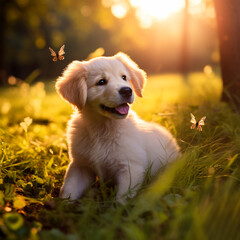 Puppy, dog golden retriever labrador on a meadow in green grass in the sun
