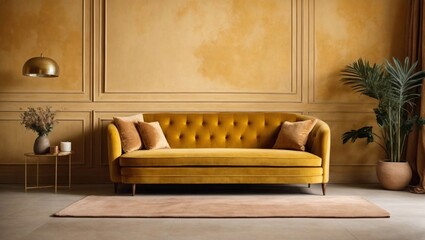 Mustard velvet love seat sofa against beige stucco wall