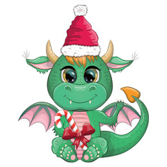 Fototapeta premium Cute cartoon green dragon in santa hat. 2024 new year, chinese calendar