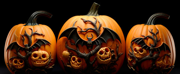 Halloween, on a black background, orange pumpkins with sticky figures of a tree, a bat, orange pumpkins and skulls