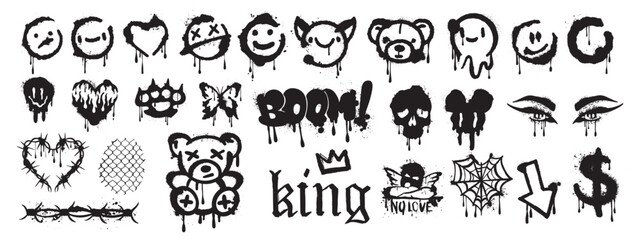 Spray graffiti element vector set, can splatter brush drip smiling kit, urban street black grunge. Hand writing stain splash, heart silhouette airy ink stroke and circles. Spray graffiti dark clipart © Oleksandra