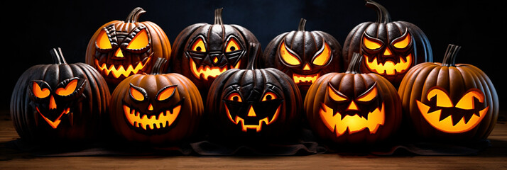 Halloween, on a black background, black and orange pumpkins with carved luminous eyes and mouth, pumpkins lie in two rows