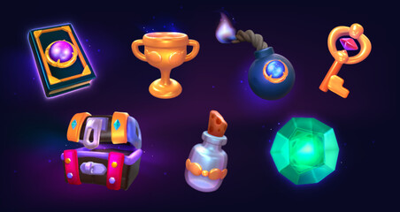 Game props icons golden ring and winner cup, bomb, magic book, glowing crystal, treasure chest and potion bottle. Ancient gui design elements. Ui interface award with 2d objects vector cartoon set. © redgreystock