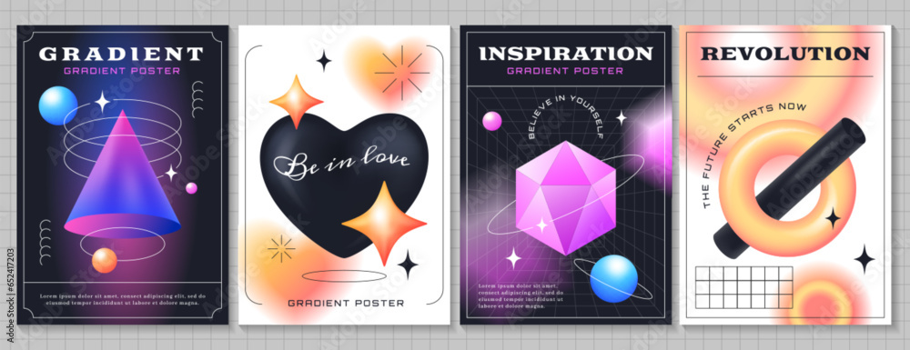 Poster vector poster template set with colorful 3d realistic geometric shapes. modern banners with objects 