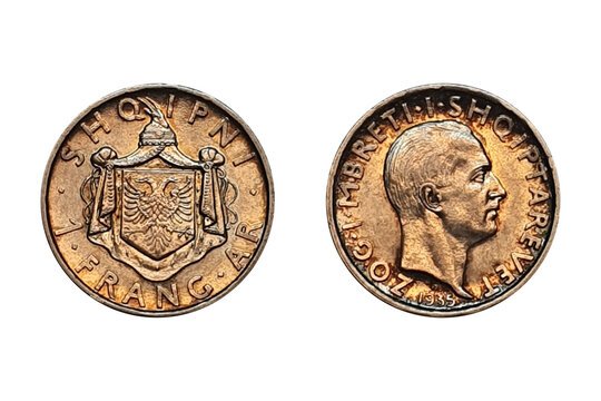 1 Frang 1935 Ar Zog I Prova. Albania coin. Obverse Bust facing right. Reverse Coat of Arms above value