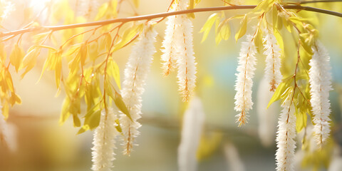 beautiful Easter springtime floral background; blooming willow tree in spring on sunny bokeh background - obrazy, fototapety, plakaty
