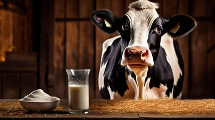 Rolgordijnen Black and white cow with glass of milk. A cow gives delicious healthy milk. Agriculture, farm, cattle, livestock, milking a cow, production of dairy products concept.  © Irina