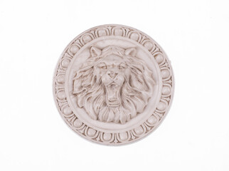 white plaster lion head isolated on white background