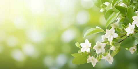 spring border, blooming jasmine bush on a green background. Soft selective focus with copy space - obrazy, fototapety, plakaty