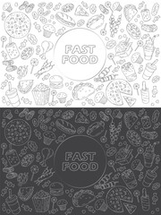 Set of fast food line icons doodles on white and black . menu or food package design. Vector illustration. Editable strocke