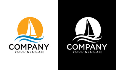 Yachting club icon. Sea travel agency, vacation marine tour or water transport company simple vector symbol. Yachting sport club or regatta minimalistic icon or sign with sail boat on ocean blue wave - obrazy, fototapety, plakaty