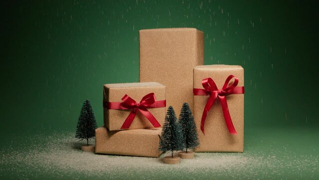 Snow falling on stack of golden gift boxes with elegant satin red bows and pine trees figures isolated on green background. Surprise gifts for Christmas. Happy 2024 New Year presents background 4K