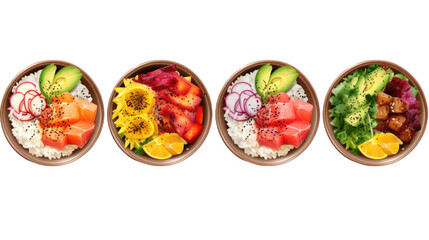 bowls of Poke in a top view, in an isolated and transparent PNG in a Food-themed, photorealistic illustration. Generative ai