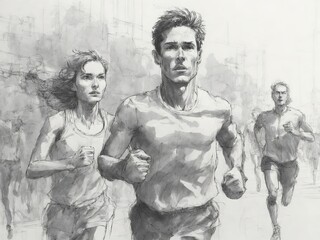 Illustration for a marathon, man and woman running