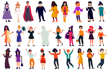Set of different people celebrating halloween, flat illustration, smiling people in costumes