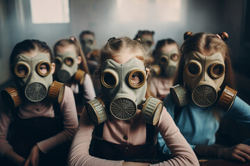 
Children in gas masks at school, new strain of coronovirus, quarantine and new normality, super protection for children - obrazy, fototapety, plakaty