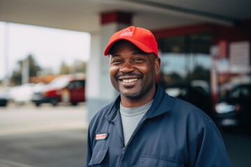 Portrait of a smiling middle aged African American male gas station worker at the gas station - obrazy, fototapety, plakaty