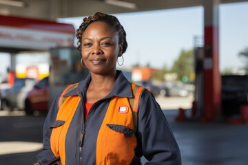 Portrait of a middle aged African American female gas station worker at the gas station - obrazy, fototapety, plakaty