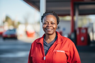 Portrait of a middle aged African American female gas station worker at the gas station - obrazy, fototapety, plakaty