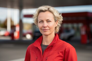 Portrait of a middle aged Caucasian female gas station worker at the gas station - obrazy, fototapety, plakaty